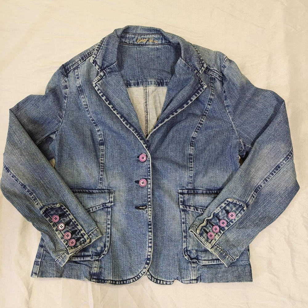 LEI Vintage Y2K Medium Wash Denim Blazer Jacket Pink Buttons Womens XL